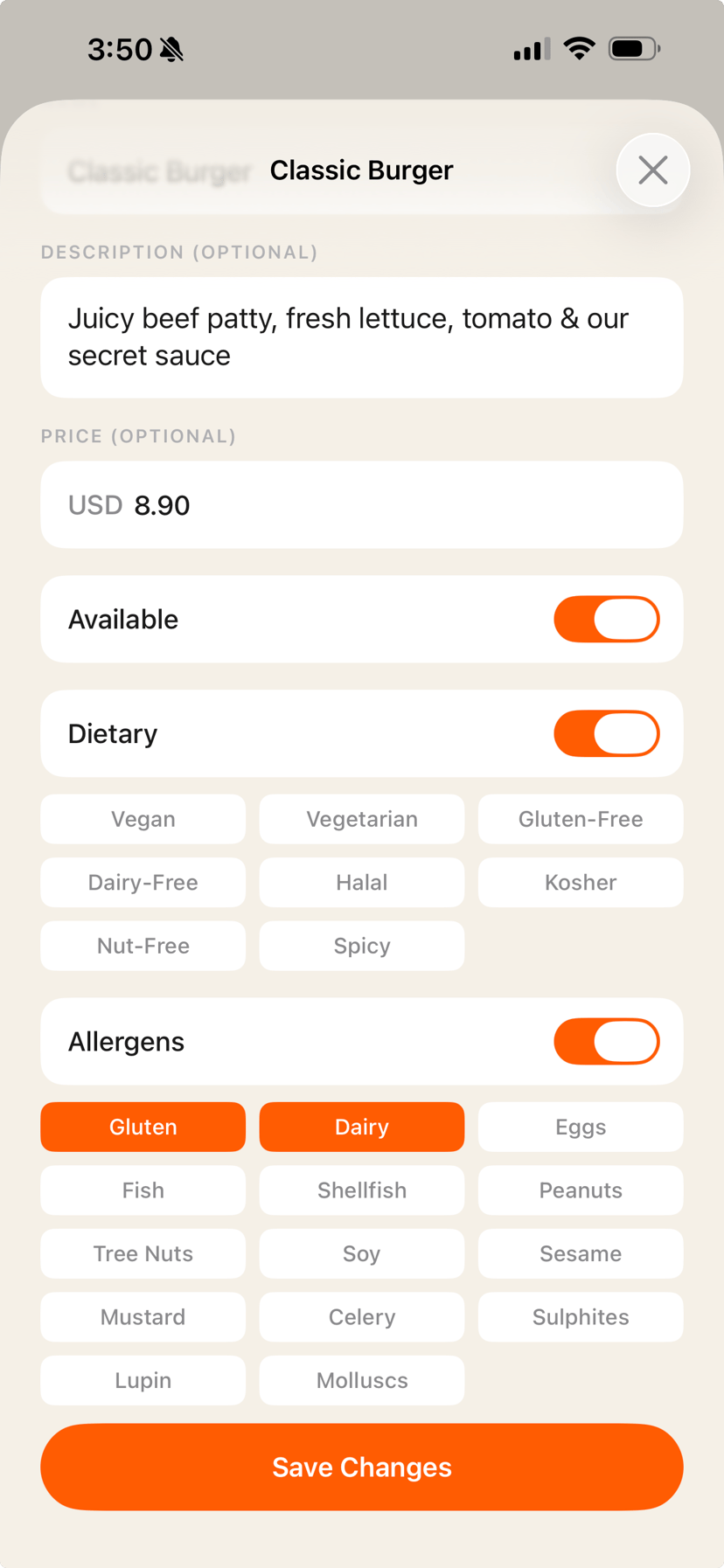 OneTapMenu item editor showing allergen and dietary label toggles for a Classic Burger
