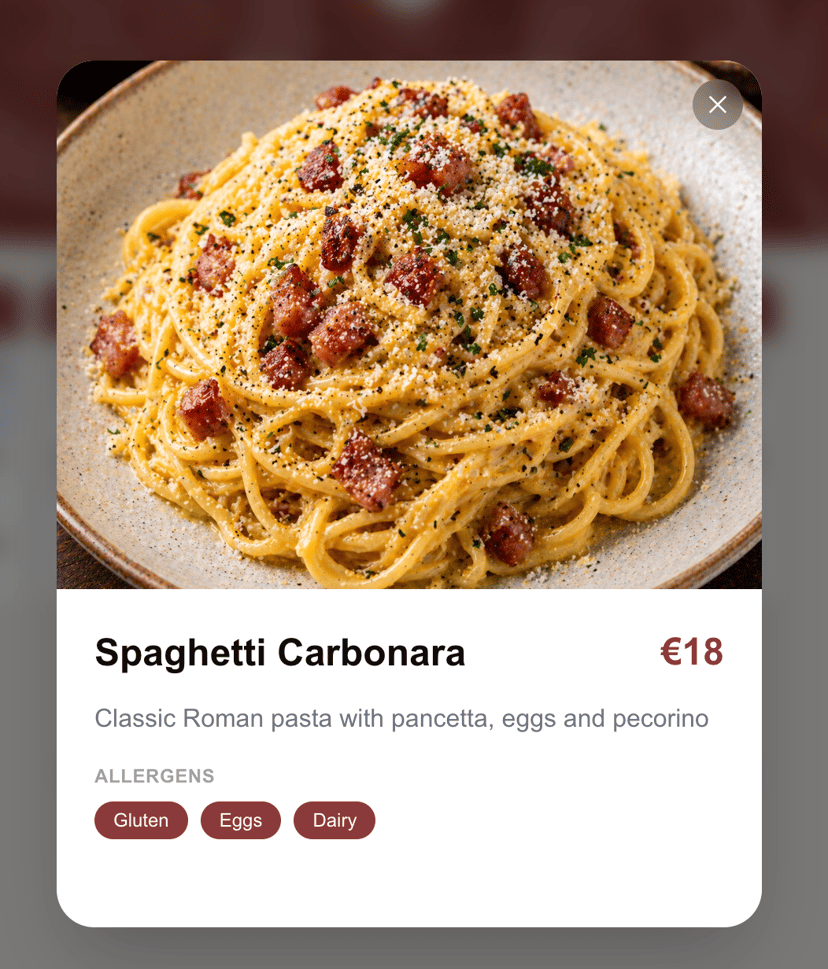 Guest view of a Spaghetti Carbonara dish showing Gluten, Eggs, and Dairy allergen tags on OneTapMenu