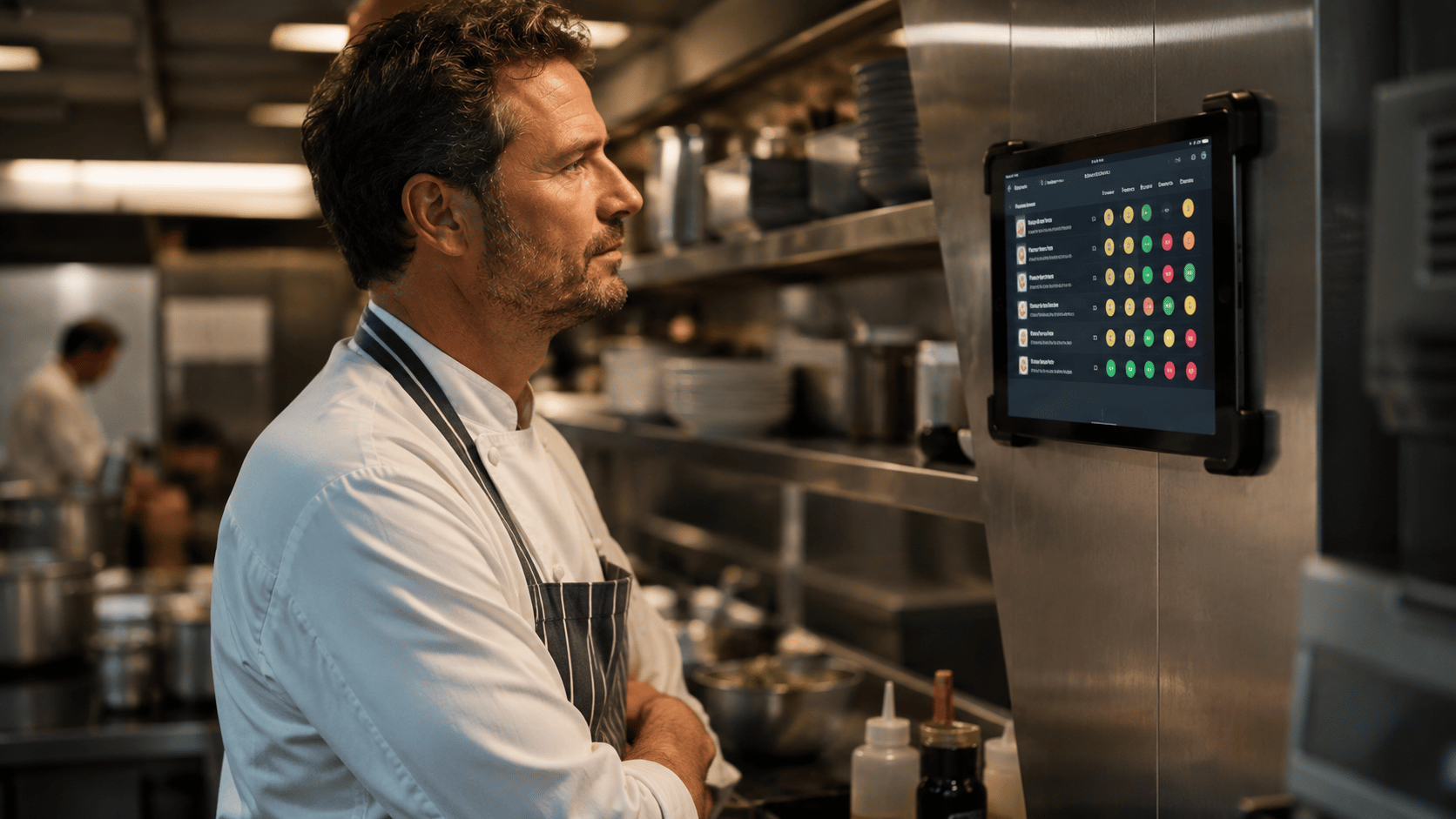 Chef in a professional kitchen reviewing allergen information on a tablet