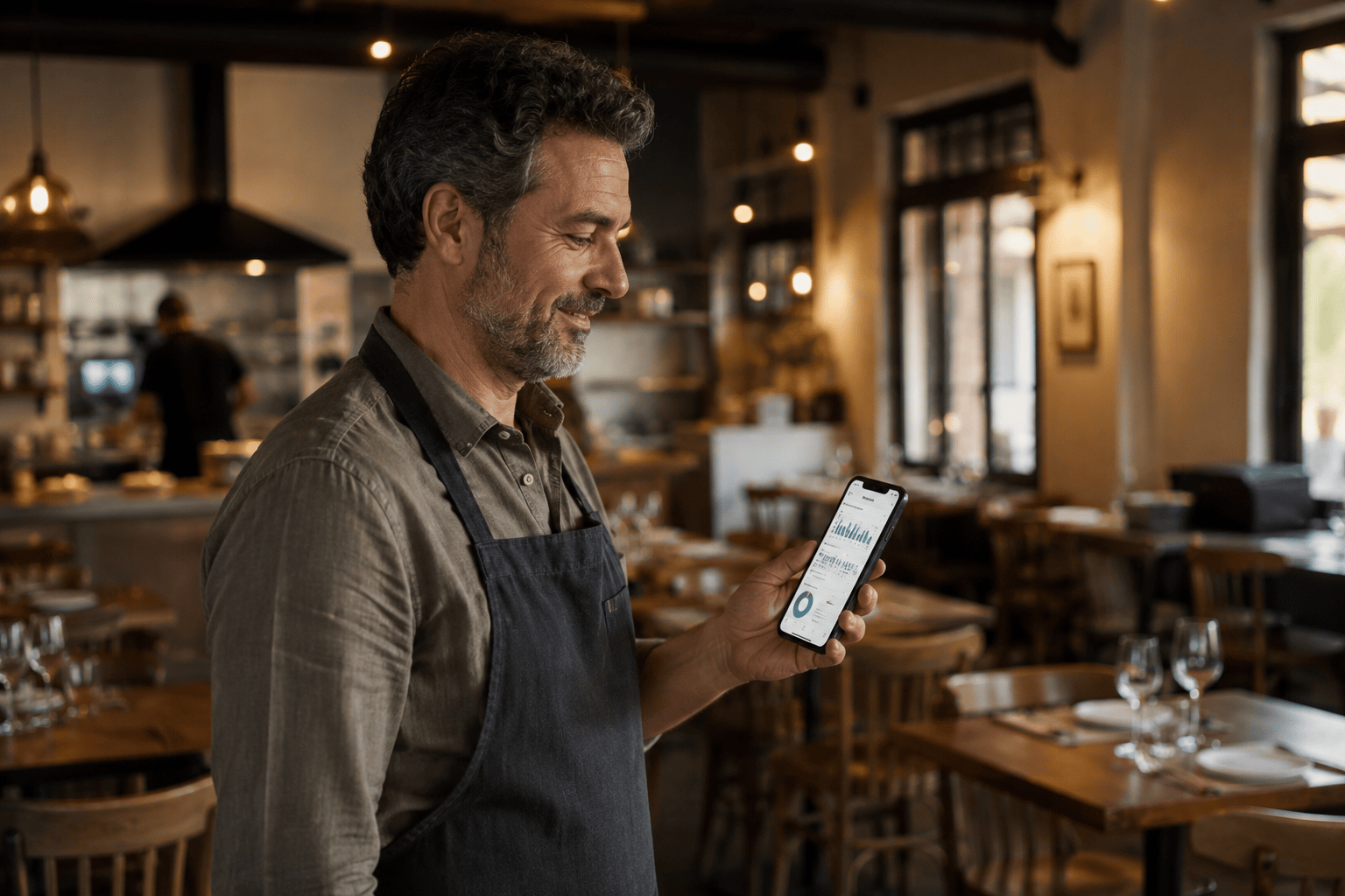 Restaurant owner looking at analytics on their phone, with the restaurant visible in the background