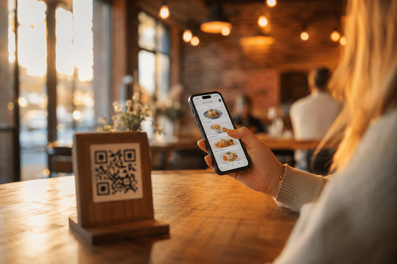 Restaurant table with a QR code stand and a guest scanning it on their phone