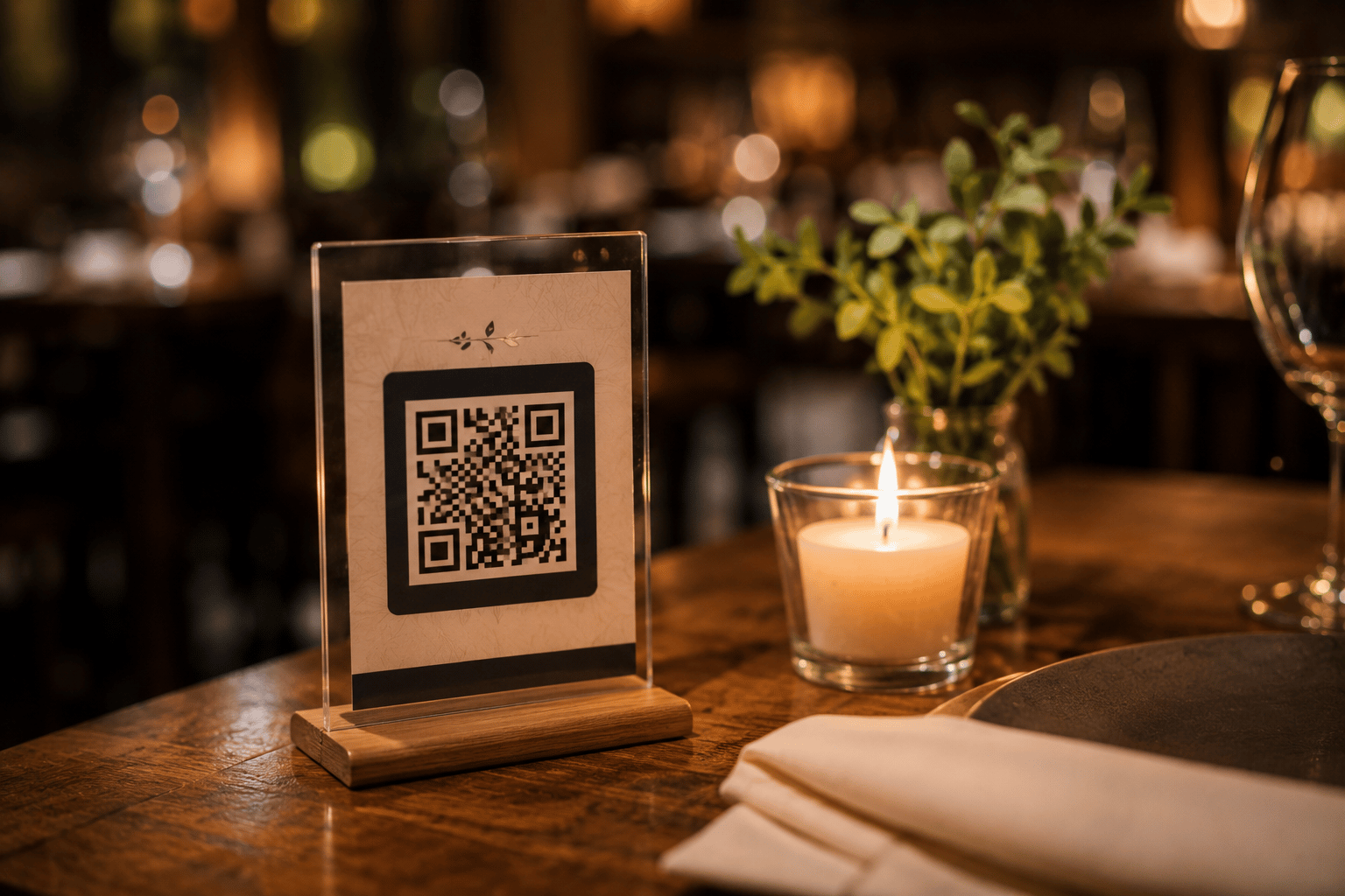 Close-up of a branded QR code stand on a restaurant table with warm lighting