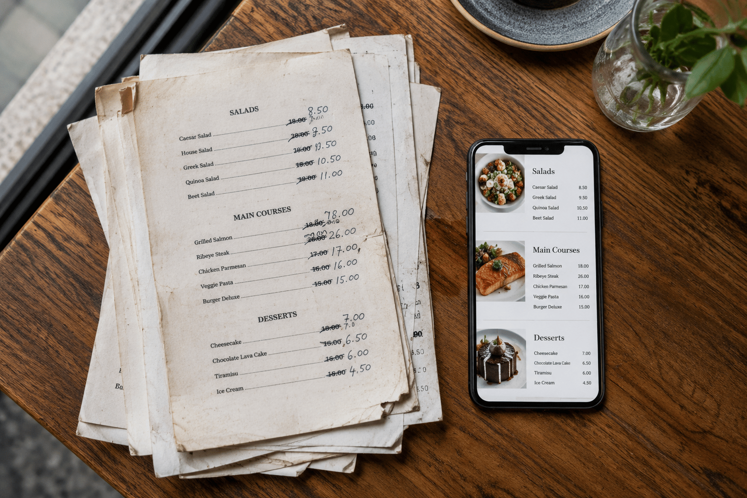 Stack of outdated printed menus next to a phone showing a live digital menu