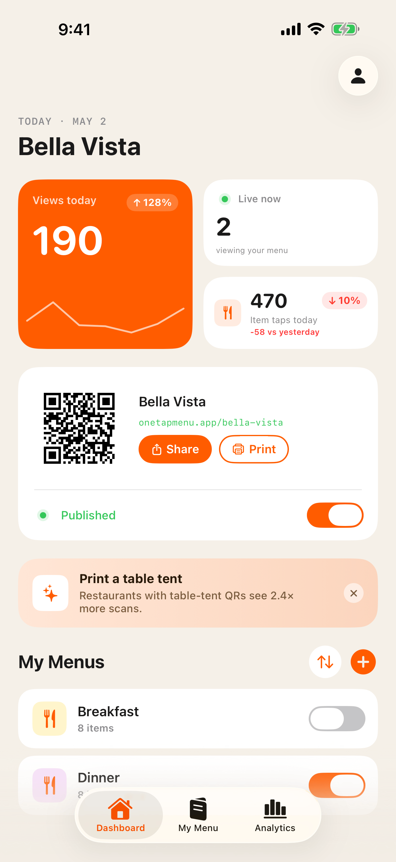 OneTapMenu dashboard