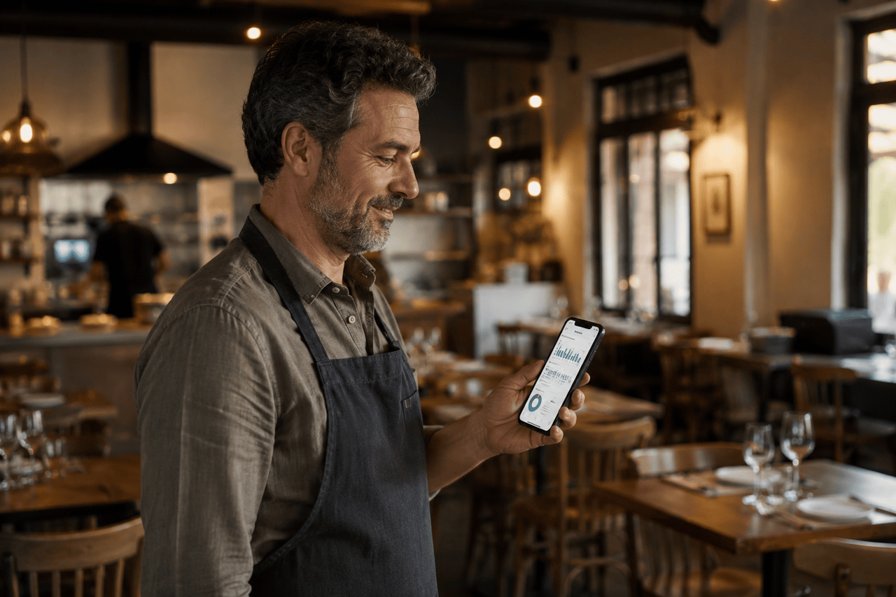 Restaurant owner reviewing analytics on their phone
